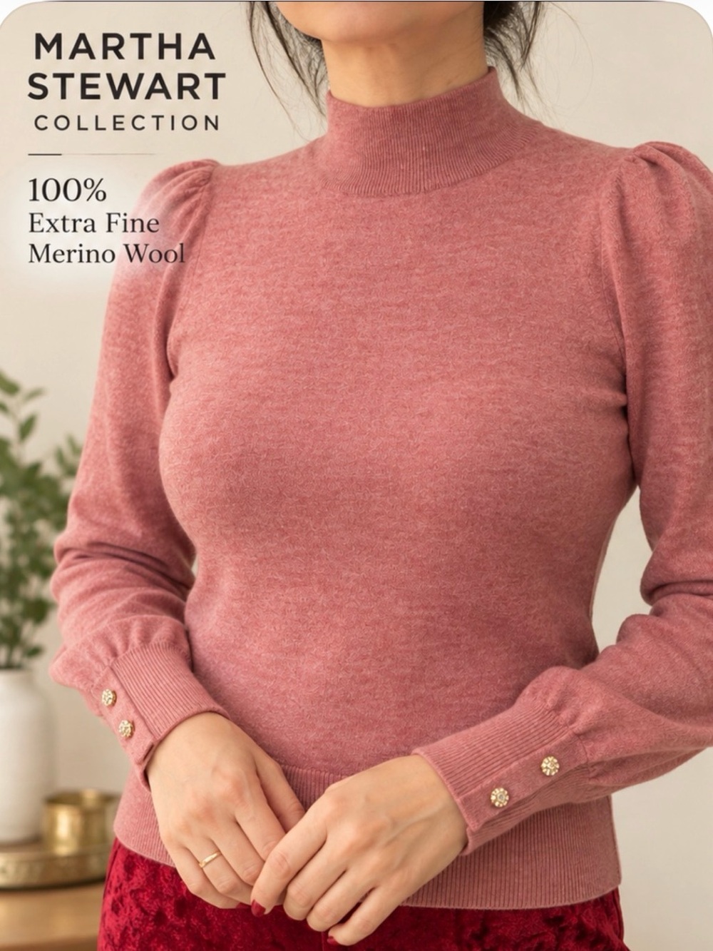 Martha Stewart 100% Merino Wool Pink Puff Sleeve Mock Neck Sweater
